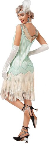 1920s Vintage Inspired Sequin Embellished Fringe V Neck Gatsby Costume Dress w/ 20s Headband Accessories Set in Saudi Arabia