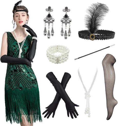 1920s Vintage Inspired Sequin Embellished Fringe V Neck Gatsby Costume Dress w/ 20s Headband Accessories Set in Saudi Arabia