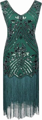 1920s Vintage Inspired Sequin Embellished Fringe V Neck Gatsby Costume Dress w/ 20s Headband Accessories Set in Saudi Arabia