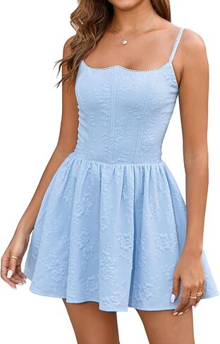 EYNMIN Jacquard Mini Dress Corset Spaghetti Strap Smocked Flowy A Line Short Graduation Dresses for Women Summer 2025 in Kuwait