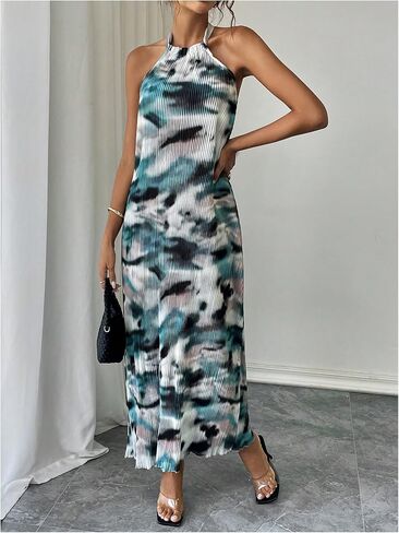 Verdusa Women's Casual Pleated Sleeveless Halter Dress Summer A Line Long Dress in Saudi Arabia