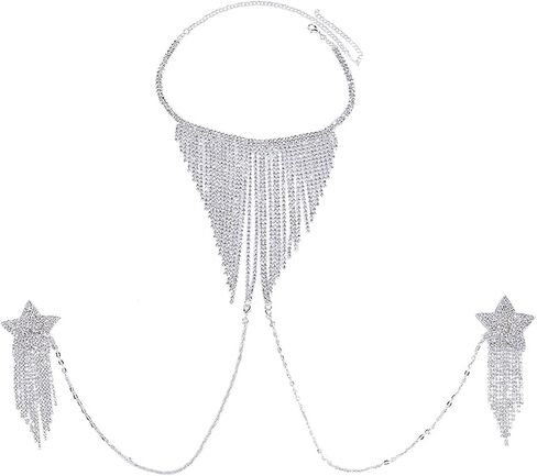 Sexy Rhinestone Stars Nipple Pasties with Chest Chain Rhinestone Nipple Cover Stickers Crystal Tassel Necklace Chain Rave Festival Bra Chain Jewelry for Women in Saudi Arabia