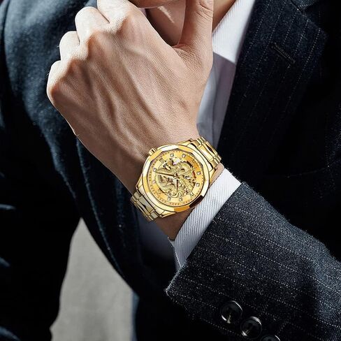Men's Watch Automatic Mechanical Hollow Dragon Watch Luxury Formal Gold Diamond 50M Waterproof Tungsten Steel Luminous Watch in Saudi Arabia