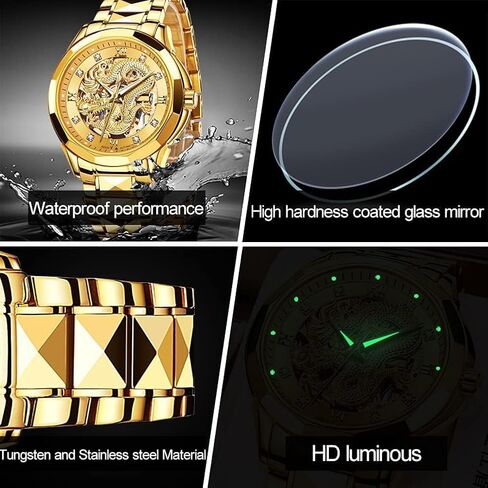 Men's Watch Automatic Mechanical Hollow Dragon Watch Luxury Formal Gold Diamond 50M Waterproof Tungsten Steel Luminous Watch in Saudi Arabia