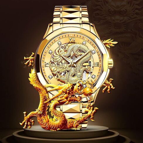 Men's Watch Automatic Mechanical Hollow Dragon Watch Luxury Formal Gold Diamond 50M Waterproof Tungsten Steel Luminous Watch in Saudi Arabia