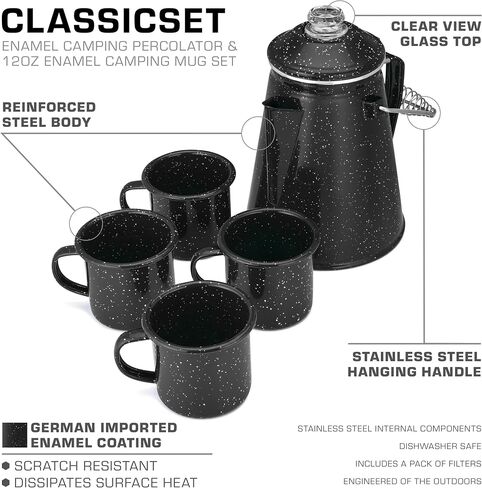 COLETTI Classic Percolator Coffee Pot & Enamel Mug Set — Camping Coffee Pot, Enamel Coffee Mug – Complete Nostalgic Bundle – German Imported Enamel Powder [Blue, 12 Cup] [12 oz, Set of 4] in Saudi Arabia