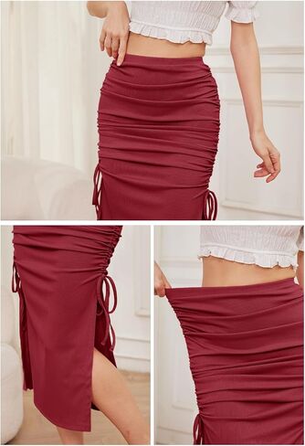 Women’s Midi Ruched Skirt Bodycon Drawstring Solid Stretchy High Elastic Waisted Long Skirts for Women with Slit in Kuwait