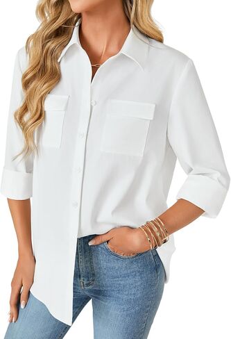 Rooscier Women's Button Down Shirt Collared Roll Up Long Sleeve Slit Tunic Blouse Tops in Saudi Arabia