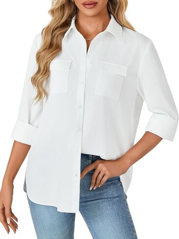 Rooscier Women's Button Down Shirt Collared Roll Up Long Sleeve Slit Tunic Blouse Tops in Saudi Arabia