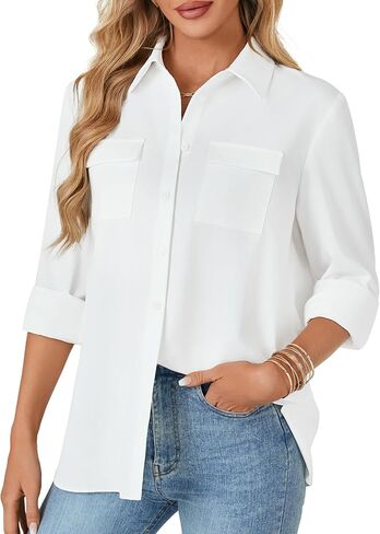 Rooscier Women's Button Down Shirt Collared Roll Up Long Sleeve Slit Tunic Blouse Tops in Saudi Arabia