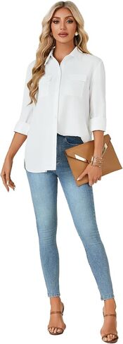 Rooscier Women's Button Down Shirt Collared Roll Up Long Sleeve Slit Tunic Blouse Tops in Saudi Arabia