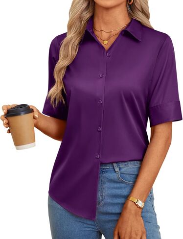 Button Down Shirts for Women Fitted Short Sleeve Dress Shirt Collared Blouses Work Tops Wrinkle Free in Saudi Arabia