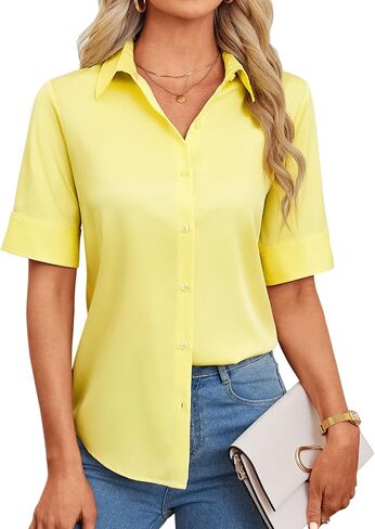 Button Down Shirts for Women Fitted Short Sleeve Dress Shirt Collared Blouses Work Tops Wrinkle Free in Saudi Arabia