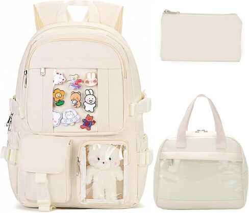Girls Backpack with Lunch Box Cute backpack for Middle High School Kawaii Aesthetic Bookbag for Teens（Beige） in Saudi Arabia