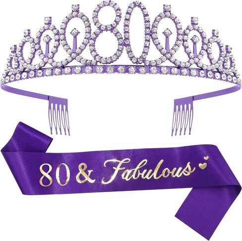 80th Birthday Sash and Tiara - Purple Tiara, 80th Birthday Gifts for Women, Decorations in Saudi Arabia