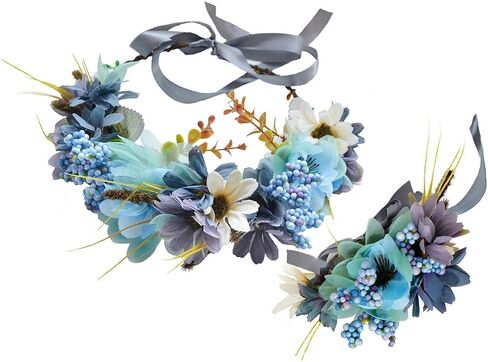 Vivivalue Flower Wreath Crown Boho Flower Headband Hair Garland Floral Headpiece Halo with Wrist Wedding Party Festival Photos Blue in Kuwait
