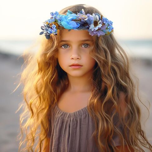 Vivivalue Flower Wreath Crown Boho Flower Headband Hair Garland Floral Headpiece Halo with Wrist Wedding Party Festival Photos Blue in Kuwait