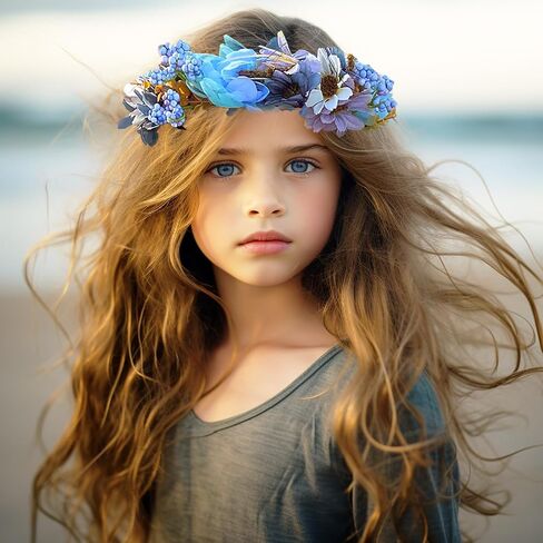 Vivivalue Flower Wreath Crown Boho Flower Headband Hair Garland Floral Headpiece Halo with Wrist Wedding Party Festival Photos Blue in Kuwait