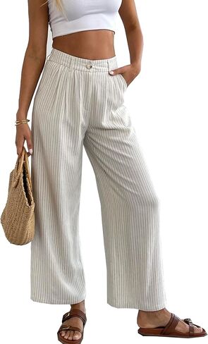 Heipeiwa نساء سروال الكتان المخطط culottes الصيف الواسعة الساق سروال سروال فستان عارض in Kuwait