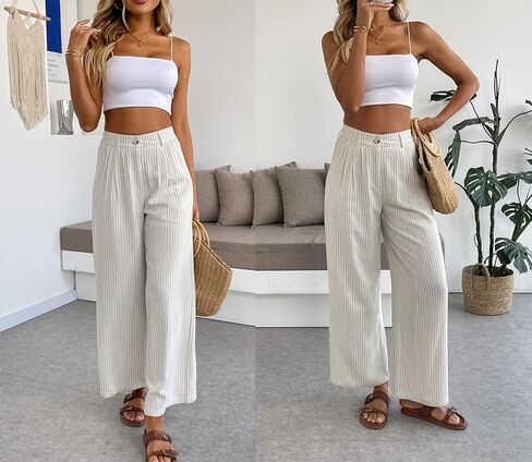 Heipeiwa نساء سروال الكتان المخطط culottes الصيف الواسعة الساق سروال سروال فستان عارض in Kuwait