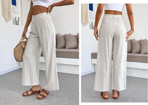 Heipeiwa نساء سروال الكتان المخطط culottes الصيف الواسعة الساق سروال سروال فستان عارض in Kuwait