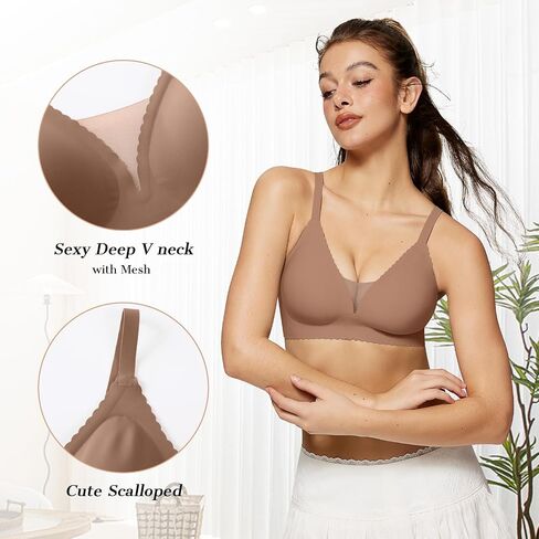 OEAK Womens Comfortable Bras Wireless Bras Push Up Bralettes Scalloped Mesh Bras Seamless Tshirts Bras Deep V Everyday Bras in Kuwait