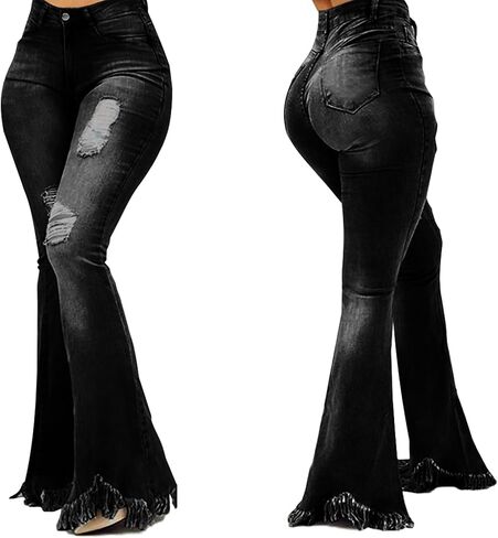 70s Bell Bottom Jeans for Women Elastic High Waisted Raw Hem Denim Pants Classic Vintage Flared Jeans in Saudi Arabia