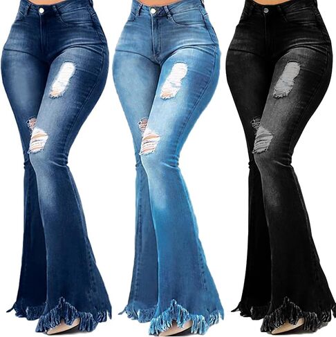 70s Bell Bottom Jeans for Women Elastic High Waisted Raw Hem Denim Pants Classic Vintage Flared Jeans in Saudi Arabia