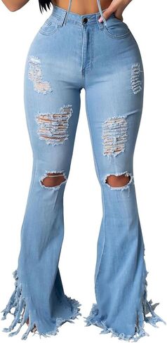 70s Bell Bottom Jeans for Women Elastic High Waisted Raw Hem Denim Pants Classic Vintage Flared Jeans in Saudi Arabia