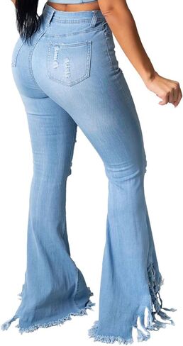 70s Bell Bottom Jeans for Women Elastic High Waisted Raw Hem Denim Pants Classic Vintage Flared Jeans in Saudi Arabia