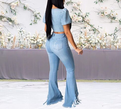 70s Bell Bottom Jeans for Women Elastic High Waisted Raw Hem Denim Pants Classic Vintage Flared Jeans in Saudi Arabia