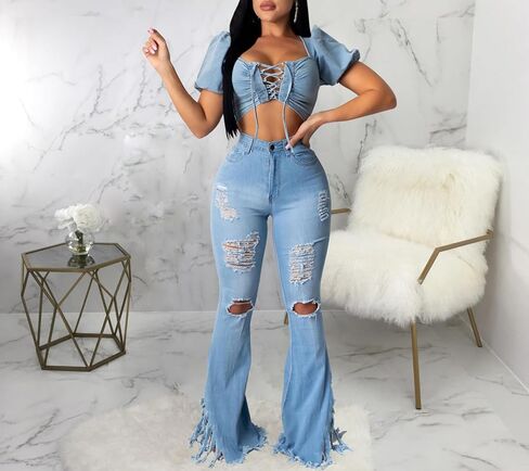 70s Bell Bottom Jeans for Women Elastic High Waisted Raw Hem Denim Pants Classic Vintage Flared Jeans in Saudi Arabia
