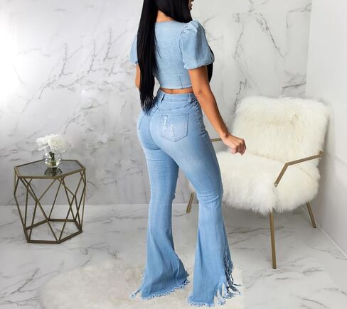 70s Bell Bottom Jeans for Women Elastic High Waisted Raw Hem Denim Pants Classic Vintage Flared Jeans in Saudi Arabia