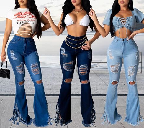 70s Bell Bottom Jeans for Women Elastic High Waisted Raw Hem Denim Pants Classic Vintage Flared Jeans in Saudi Arabia