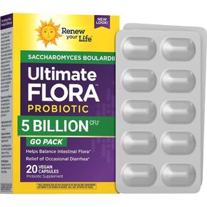 Ultimate Flora Saccharomyces Boulardii Probiotics | 5 Billion CFU | 20 Vegan Capsules Go Pack | Helps Balance Intestinal Flora