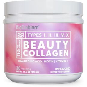 BioEmblem Beauty Collagen - 11G Hydrolyzed Multi-Collagen Peptides, Hyaluronic Acid, Vitamin C & Biotin - Bovine, Fish & Eggshell Membrane Collagen - Skin, Hair, Nail, & Joint Health - 30 Servings