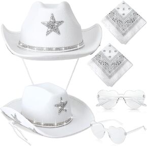 2 Sets of White Cowgirl Hat for Women Men Heart Sunglasses Bandana Glitter Rhinestone Star Sparkly Cowboy Hats for Western Bachelorette Themed Party Costumes, 6pcs