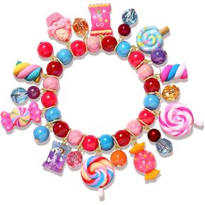 Colorful Candy Beaded Bracelets for Women Fun Novelty Sweet Candy Lollipop Marshmallow Cake Pendant Elastic Stretch Bracelet Kawaii Cute Friendship Party Bangle Wrist Jewelry