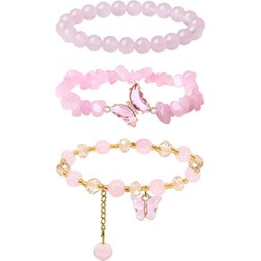 3Pcs Purple Butterfly Bracelets for Women Amethyst Crystal Beaded Bracelets Butterfly Charm Elastic Stretchable Natural Crystal Jewelry Accessories (Pink)