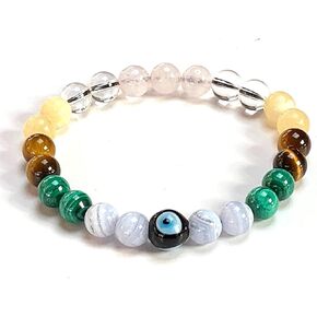 Crystals For Happines - Beaded Bracelet - Malachite Tiger's Eye Calcite Blue Lace Agate Rose Quartz Evil Eye - Heart Chakra Stones, Happy Bracelet, Crystals for Joy