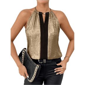 SOLY HUX Women's Metallic Sleeveless Shirts Color Block Halter Neck Tunic Top Party Club Blouses
