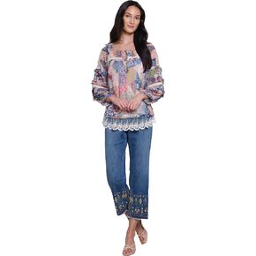 John Mark Women's Mix Yarn Dye Stripe Button Front with Print Accent and Embroidery