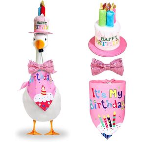 Funny Birthday Goose Outfit 3-Piece Set – Porch Goose Clothes with Cake Hat, Bandana & Bow – Lawn Goose Birthday Decoration for Cement & Plastic Goose Statues