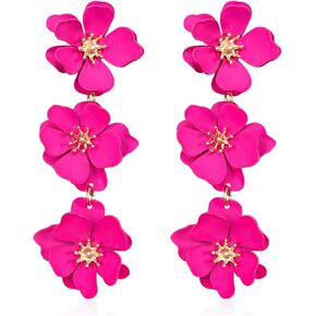 YUNXI Boho Metal Poppy Flower Dangle Earring Matte Painted Dual 3 Layer Tassel Fashion Bohemian Flower Floral Petal Tiered Drop for Women