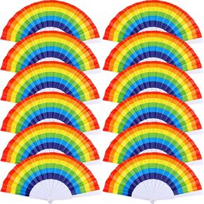Yaomiao 12 Pieces Rainbow Fans Folding Colorful Hand Held Fan Summer Accessory for Rainbow Party Decoration (Vertical Stripes)