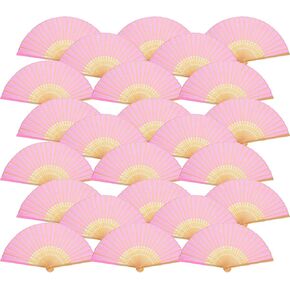 Bememo Hand Held Fans Silk Bamboo Folding Fans Handheld Folded Fan for Church Wedding Gift, Party Favors, DIY Decoration (Pink, 24 Pack)
