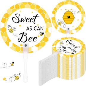 Roowest 50 Pack Baby Shower Paper Fans Bulk, Bee Themed Handed Fans for Guests Sweet as Can Bee Plastic Handle Double Sided Baby Shower Party Favor for Ceremony Wedding Thank You Gifts
