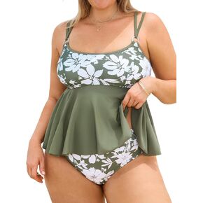 Cupshe Women's Plus Size Tankini مجموعات سكوب عنق تدفق تنحنح من قطعتين من السباحة الأشرطة القابلة للتعديل