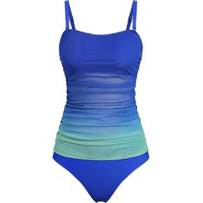 ZAFUL Womens Tankini Bathing Suit Two Piece Swimsuit Sheer Mesh Swim Dresses Tummy Control Lace Swimwear