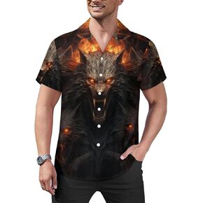 Mens Hawaiian Wolf Shirt Casual Button Down Shirts Short Sleeve Aloha Trippy Shirt